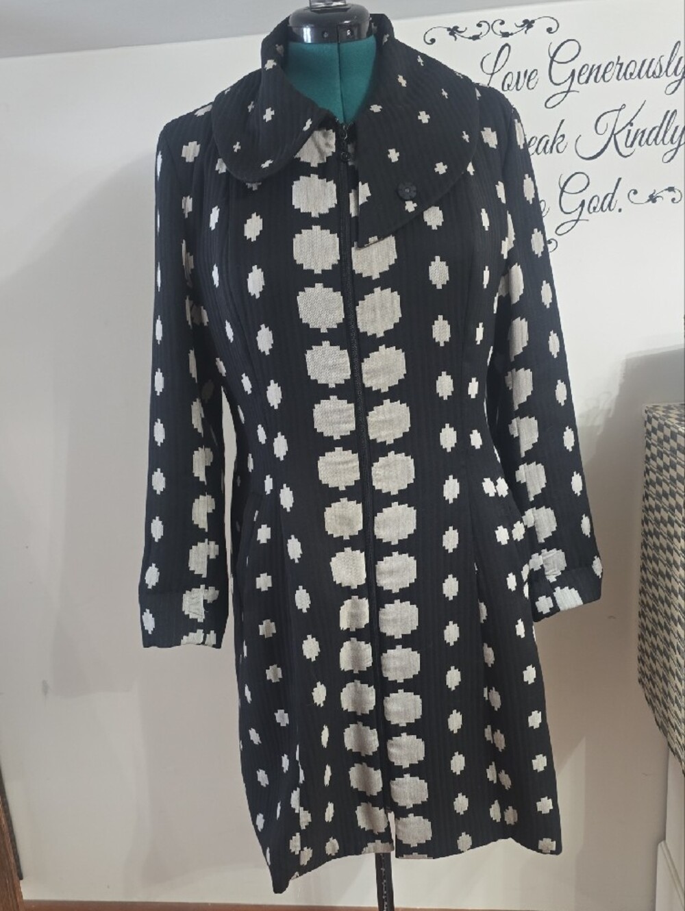 Samuel Dong Casualwear Coat Dress with White Polka Motif Sz L